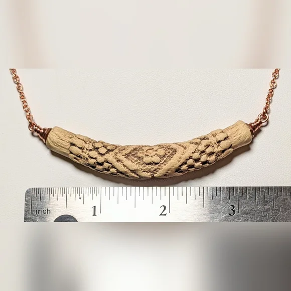 Vintage Embossed Ceramic Bar Necklace Artisan Crafted Jewelry Pure Copper Chain - Picture 4 of 16